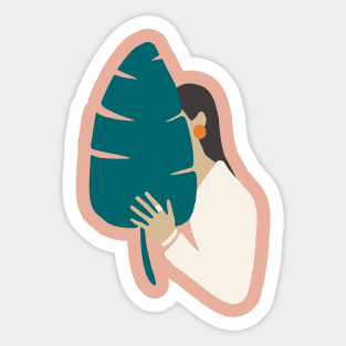 Brunette girl in white with tropical banana leaf Sticker